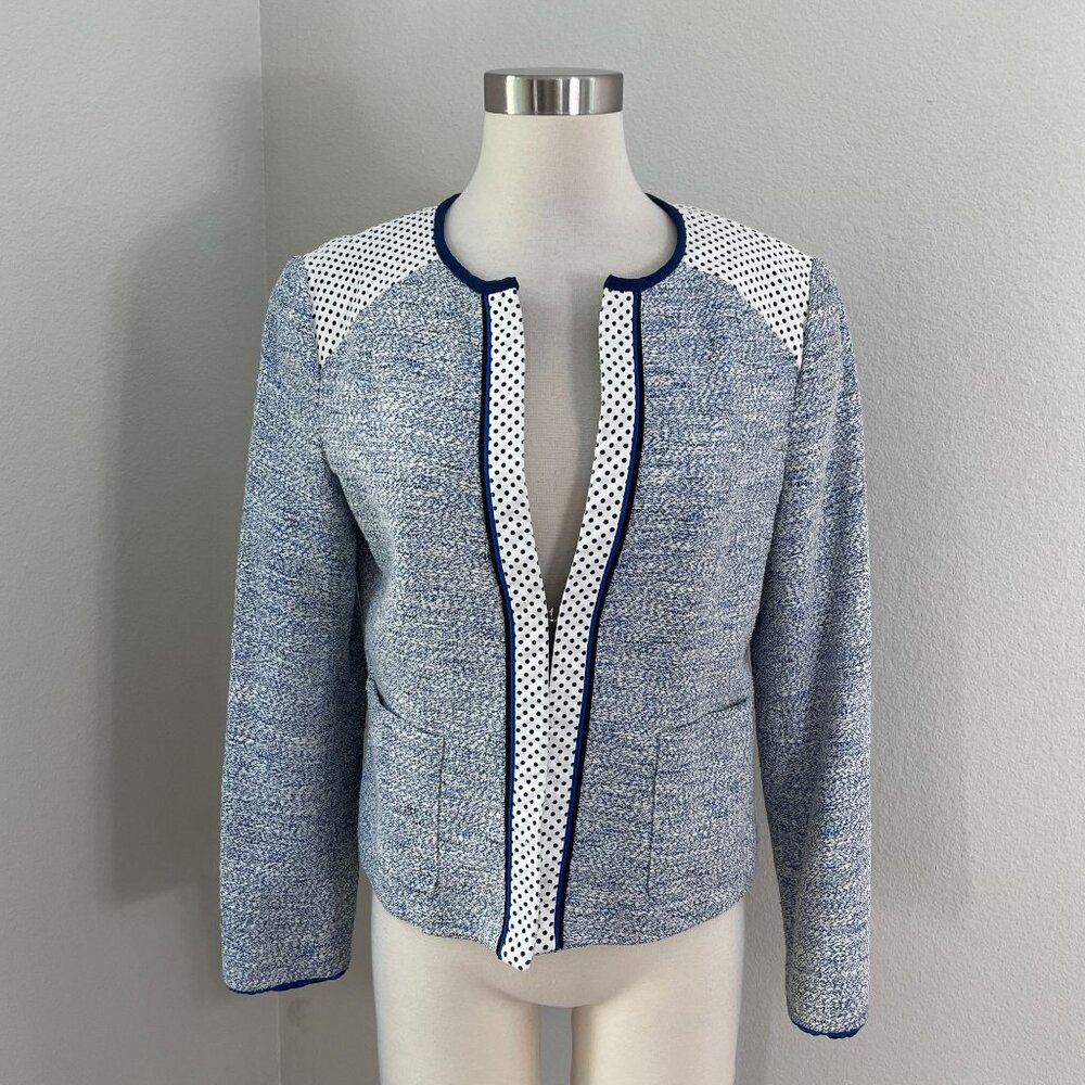 Nanette Lepore Womens 12 Blue‎ White Tweed Jacket With Leather Trim USA
